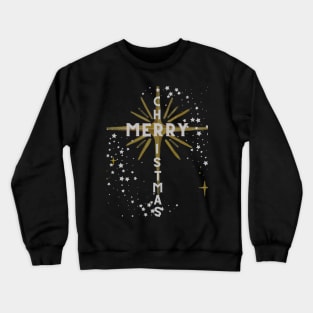 Merry Christmas Cross and Star Silver Letters on Black Crewneck Sweatshirt